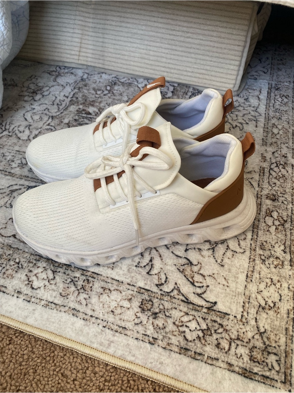 Nautica White Knit Athletic Sneakers with Brown Accents